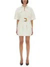 Balmain Short Dress With Belted Waist And Front Pockets In Neutral