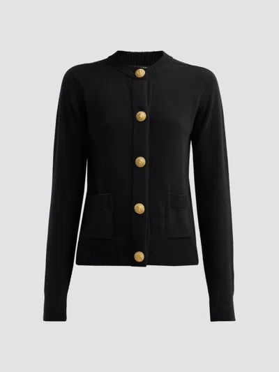 Balmain Cashmere Cardigan Round Neck Long Sleeves In Black