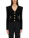 Balmain Black Ribbed Cardigan With Shoulder Pads And Logoed Metal Buttons In Black