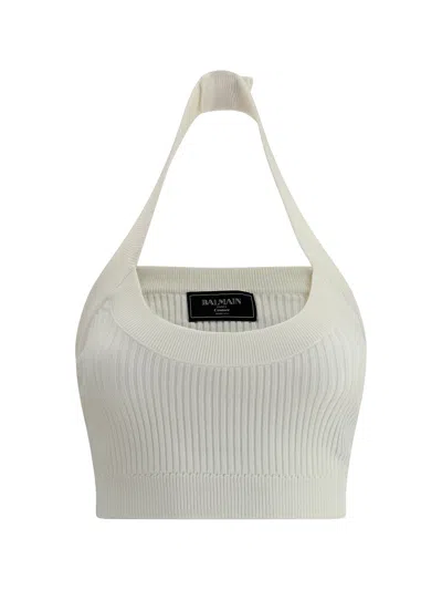 Balmain White Ribbed Knit Halter Tank Top