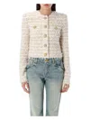 Balmain White Crewneck Cardigan With Jewel Buttons In White Gold