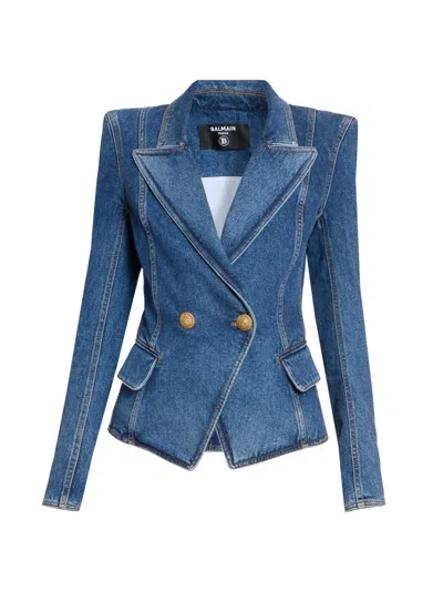 Balmain Women's Denim Double-breasted Blazer In Blue