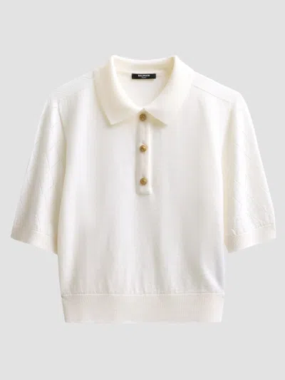 Balmain Women's Diamond-knit-sleeve Merino Wool Polo Shirt In White