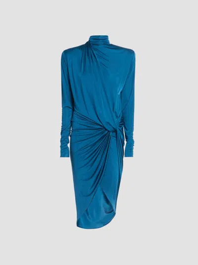 Balmain Women's Draped Jersey Midi Dress In Blue Malachite