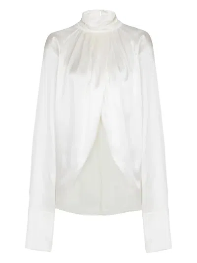 Balmain High Neck Long Sleeve Silk Blend Top In White