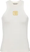 Balmain Beige Embroidered Logo Cotton Blend Top In Beige
