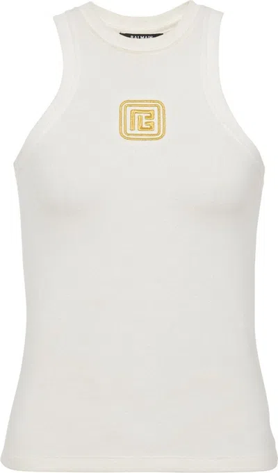 BALMAIN WOMEN'S EMBROIDERED LOGO COTTON BLEND TOP