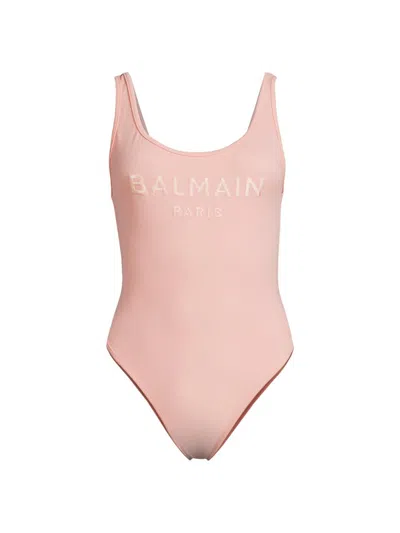 Balmain Women's Embroidery Logo One-piece Swimsuit In Pink