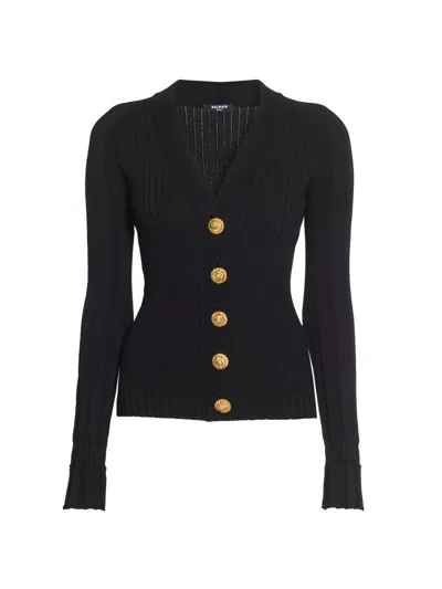 Balmain Women's Engraved Button Rib-knit Cardigan In Black