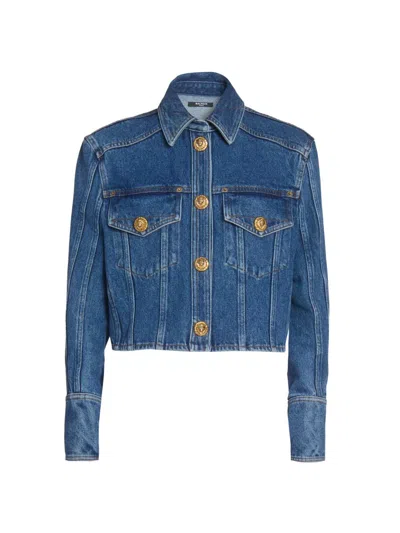 Balmain Women's Exposed-seam Denim Crop Jacket In Blue