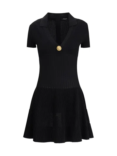 Balmain Women Flared Knit Mini Dress In Black