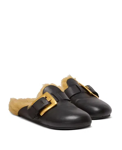 BALMAIN WOMEN'S FLAT LEATHER AND FAUX FUR MULES