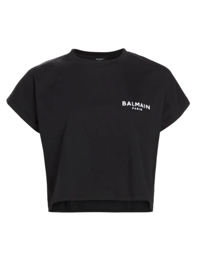 Balmain Women's Flock Logo Cotton Crop T-shirt In Black