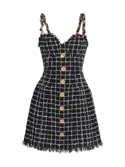 Balmain Buttoned Check Tweed Chain-strap Mini Dress In Black