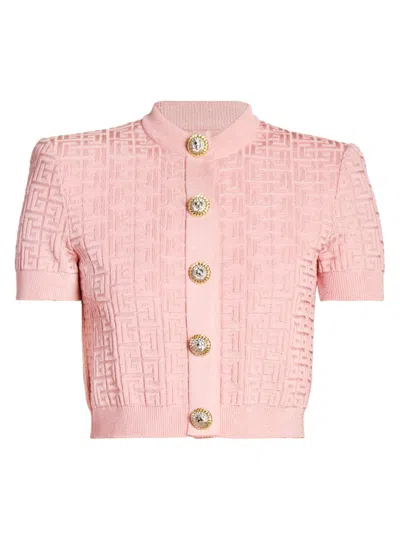 Balmain Cardigan In Maglia Monogramma Pb Labirinto In Pink