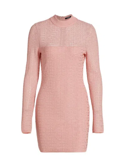 Balmain Pink Knitted Short Dress With Labyrinth Pb Monogram In Pink