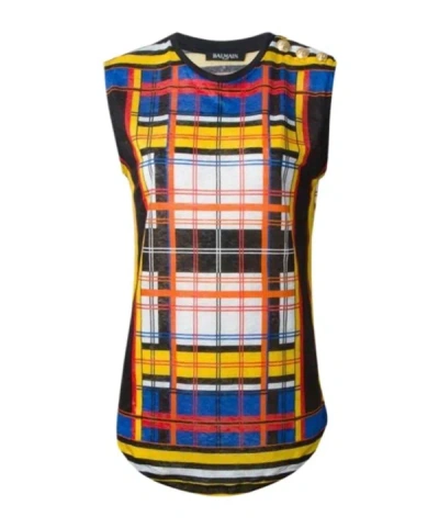 Balmain Women's Gold Button Linen Sleeveless Top In Multi