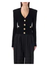 Balmain Black Ribbed Cardigan With Shoulder Pads And Logoed Metal Buttons In Black