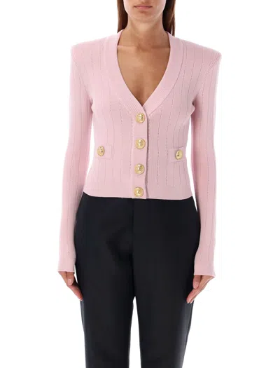 Balmain Buttoned Pointelle Rib Knit Crop Cardigan In Pink