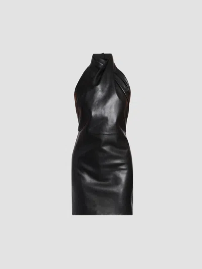 Balmain Women's Halterneck Leather Draped Mini Dress In Noir