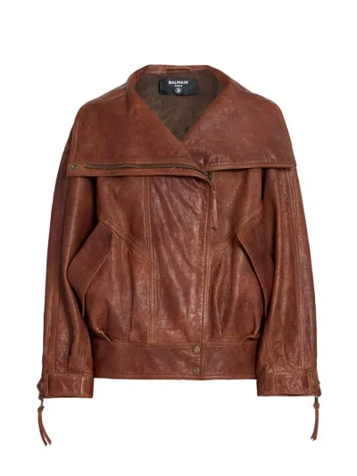 Balmain Women's High Collar Leather Blouson Jacket In Brown