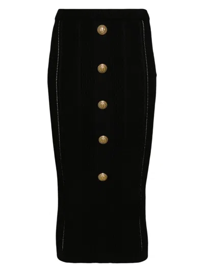 BALMAIN WOMEN'S HIGH WAIST FIVE BUTTON SEE THROUGH KNIT MIDI SKIRT