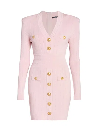Balmain Long-sleeve Buttoned Short Knit Dress In Lt Pink