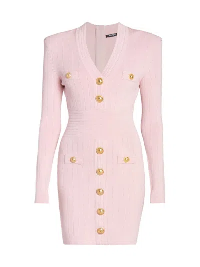 Balmain Long-sleeve Buttoned Short Knit Dress In Rose Clair