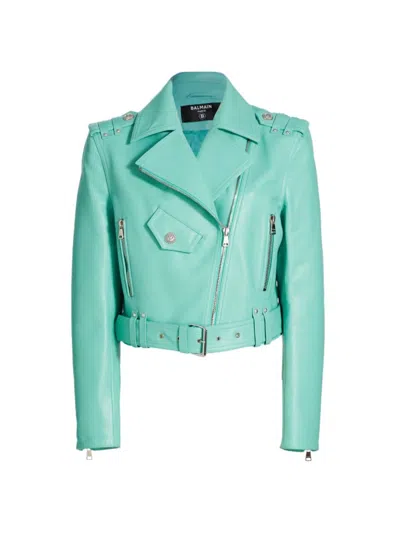 Balmain Women's Leather Belted Biker Jacket In Turquoise