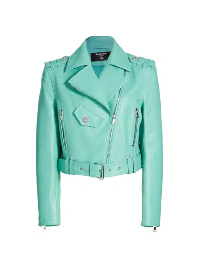 Balmain Women's Leather Belted Biker Jacket In Blue