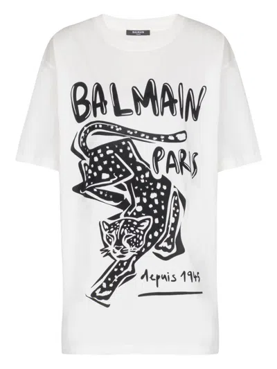 Balmain Women Leopard Print T-shirt In White