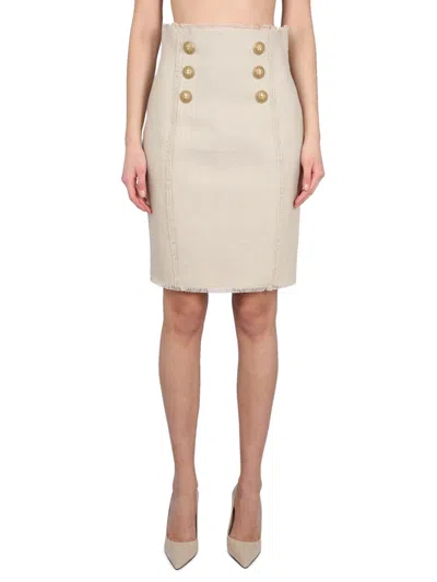 Balmain Linen And Hemp Skirt With Iconic Buttons In Beige