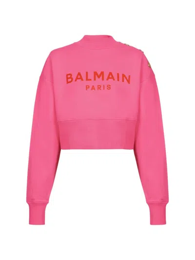 Balmain 3-button Logo-print Crop Sweatshirt In Fuchsia Rouge