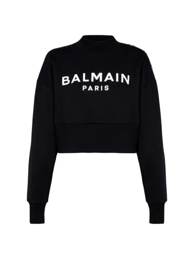 Balmain Logo Cotton Crop Sweatshirt In Noir Blanc