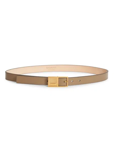 Balmain Signature Leather Belt With Geometric Buckle In Taupe