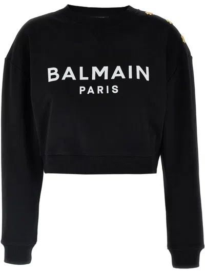Balmain Women Logo Organic Cotton Cropped Sweatshirt In Black