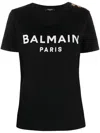 Balmain Black Crewneck T-shirt With Logo Print And Golden Buttons In Jersey Woman In Multicolor