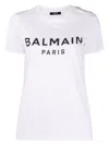 Balmain White Crewneck T-shirt With Logo Print And Golden Buttons In Jersey Woman In White
