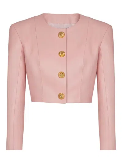Balmain Women Long Sleeves Buttoned Lambskin Cropped Jacket In Pink