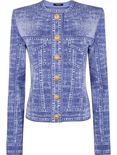 BALMAIN BALMAIN WOMEN LS 2 PKTS DENIM TROMPE L`ŒIL CARDIGAN
