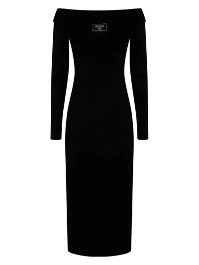 BALMAIN WOMEN'S LS DOUBLE COLLAR KNIT ZIPPED MIDI DRESS