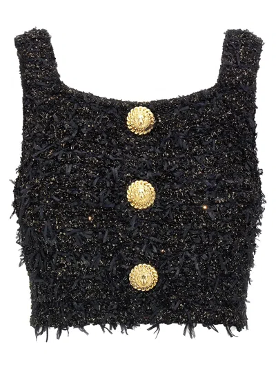 Balmain Cropped Top In Tweed Fabric In Black