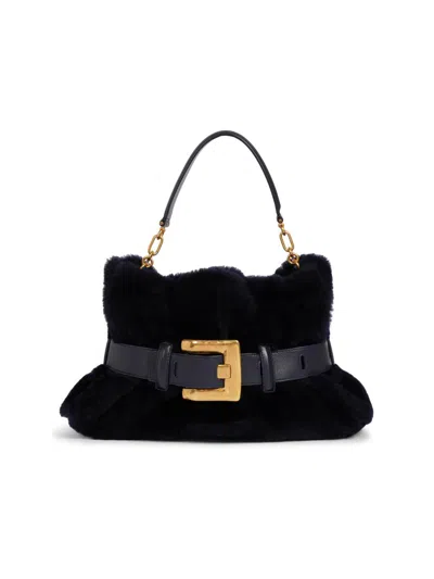 Balmain Women's Medium Anthem Buckled Shearling Tote Bag In Black