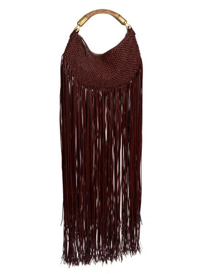 Balmain Women's Mini Ebene Fringe Woven Leather Top Handle Bag In Brown