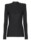 Balmain Ls Bouclette Monogram-pattern Button Top In Black