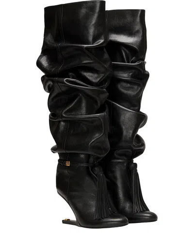 Balmain No Wedge Textured Leather Thigh-high Boots With Tassel In Black