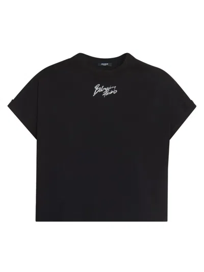Balmain Cropped Mini T-shirt With Paris Graphic In Black