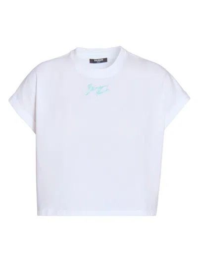 Balmain Women's Paris Logo Cropped T-shirt In White