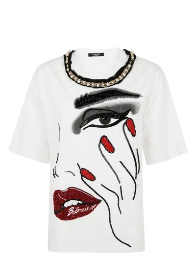 BALMAIN WOMEN'S PEARLS CHAINS DETAILS PARTIAL FACE T-SHIRT