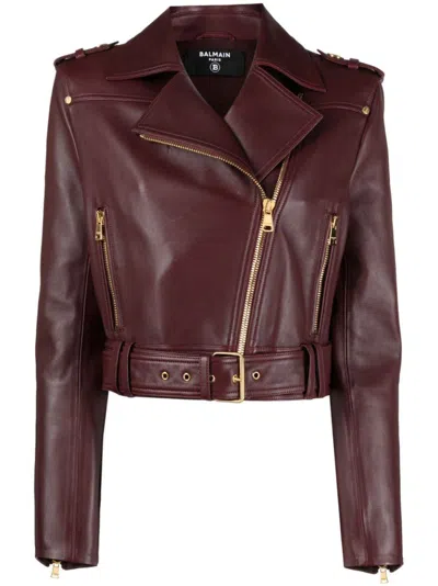 Balmain Stylish Burgundy Cropped Biker Jacket For Women